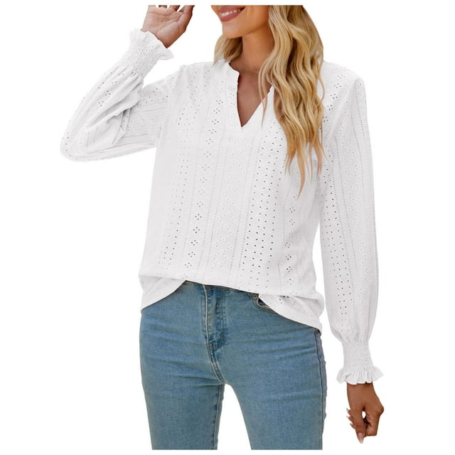 EQWLJWE Blouses à Manches Longues pour Femmes Mode Féminine Col en V Décontracté Manches Longues Confortable Couleur Unie Hauts à Manches à Volants Blouse