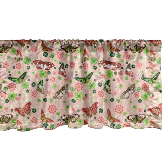 Ambesonne Nature Window Valance, Butterflies Shamrocks, 54" X 12", Lime Green Pale Pink