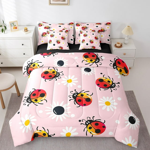 YST Wildlife Ladybug Comforter Set, 7-Piece, Cartoon Animal Theme, Pink, Queen