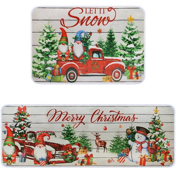 Christmas Kitchen Rugs Set of 2, Christmas Rugs for Kitchen, Farmhouse Christmas Tree Truck Merry Christmas Kitchen Mats, Winter Home Decor Low-Profile Kitchen Rugs, 16x24 and 16x47 Inch