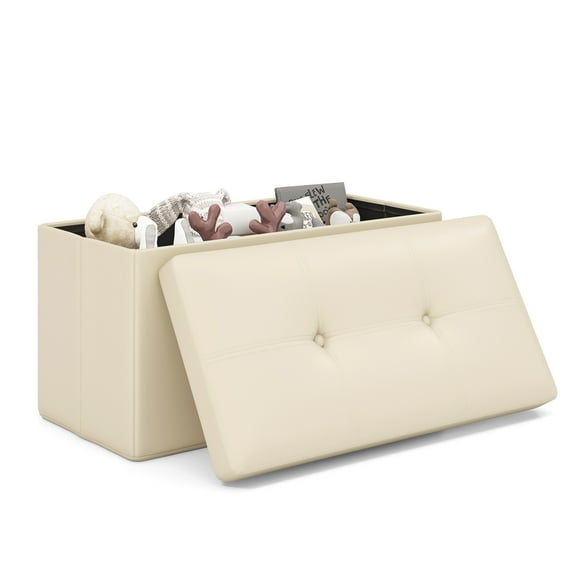 Giantex Storage Ottoman Bench, 30 Inches Folding Leather Ottoman Foot Rest, End of Bed Padded Seat, White