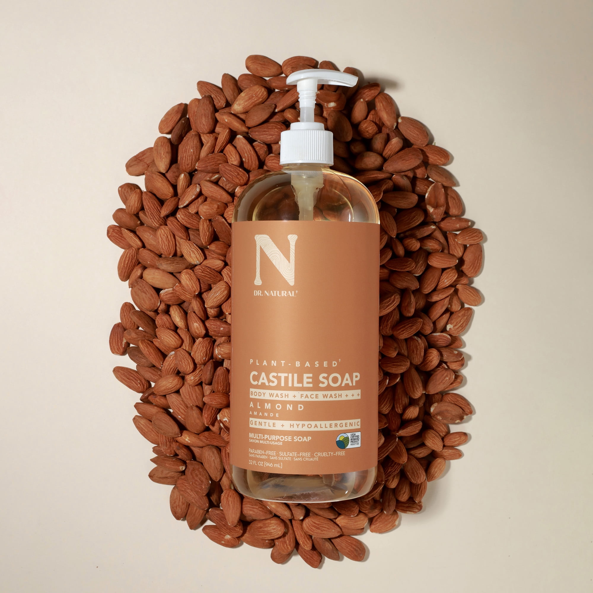 Dr. Natural Castile Liquid Soap, Bathroom Soap, Almond, 32 oz, 2 pk