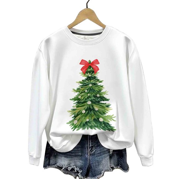 ABATAB Christmas Sweatshirt for Women Crewneck Long Sleeve Christmas Tree Print Cute Pullover Vacation Casual Trendy Outfits