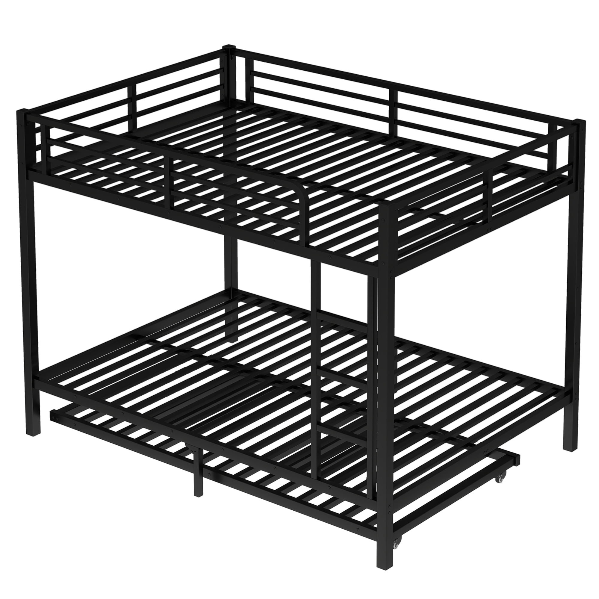 Leumius Metal Bunk Bed with Trundle,Full over Full Bunk Bed with with Ladder & Guardrails,Heavy-Duty Bunk Bed Frame for Kids/Teens/Adults,Space-Saving/Noise Reduced/No Box Spring Needed,Black