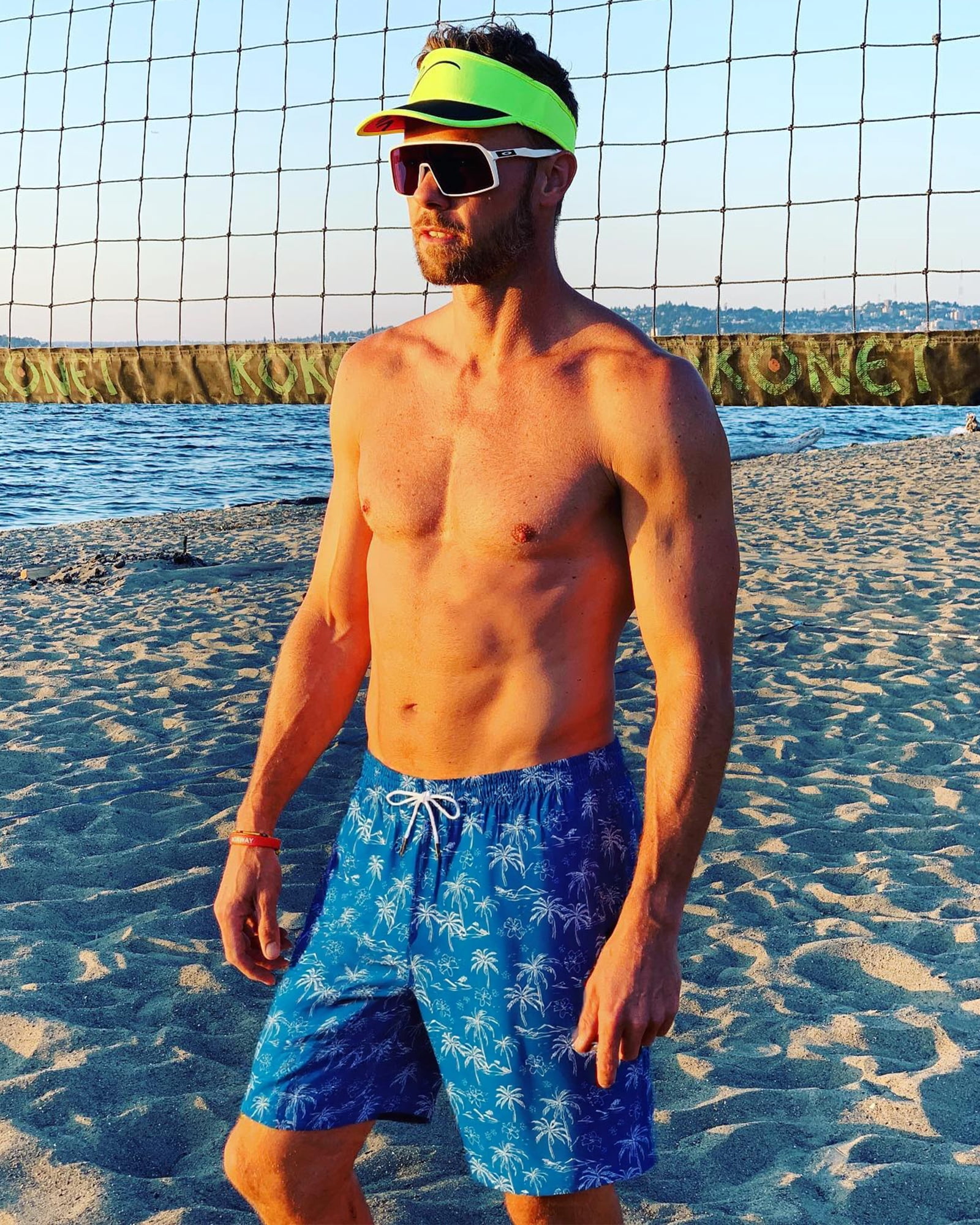 SURF CUZ Mens Swim Trunks with Compression Liner Quick Dry Swim Shorts 7" Swimming Trunks Stretch Bathing Suit Boardshorts Zipper Pockets Blue Palm Island Small