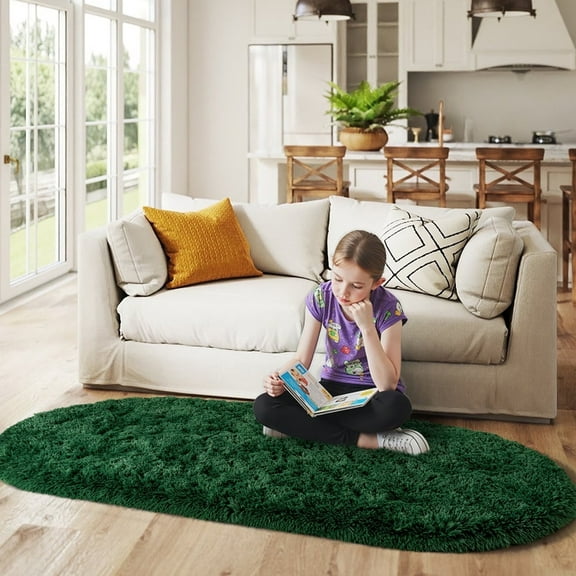ZENELESS Oval Fluffy Rugs for Bedroom, Modern Plush Shaggy Carpet for Kids Bedside Girls/Boys and Kids Baby Room Home Decor, 2.6 x 5.3ft Dark Green