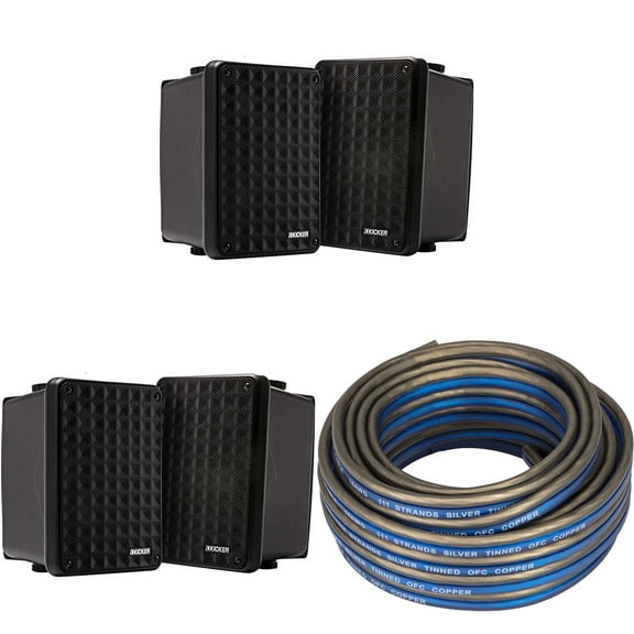 Kicker (2 Pair ) KB6B 2-Way Full Range Indoor Outdoor Speakers (Pair) Weatherproof Speakers for Patio Garage Poolside in-Home, Black & 20ft Speaker Wire Bundle