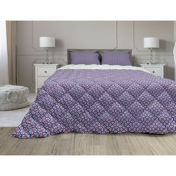 Retro Comforter & Sham Bedding Set, Continuous Digitally Generated Pattern of Flowers and Stars Nostalgic Petals, 3 pcs Duvet Set Microfiber Filling Quilt, 5 Sizes, Indigo Cora White, by Ambesonne