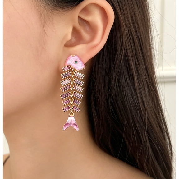 Vintage Fish Bone Drop Earrings Retro Metal Fishbone Dangle Earrings