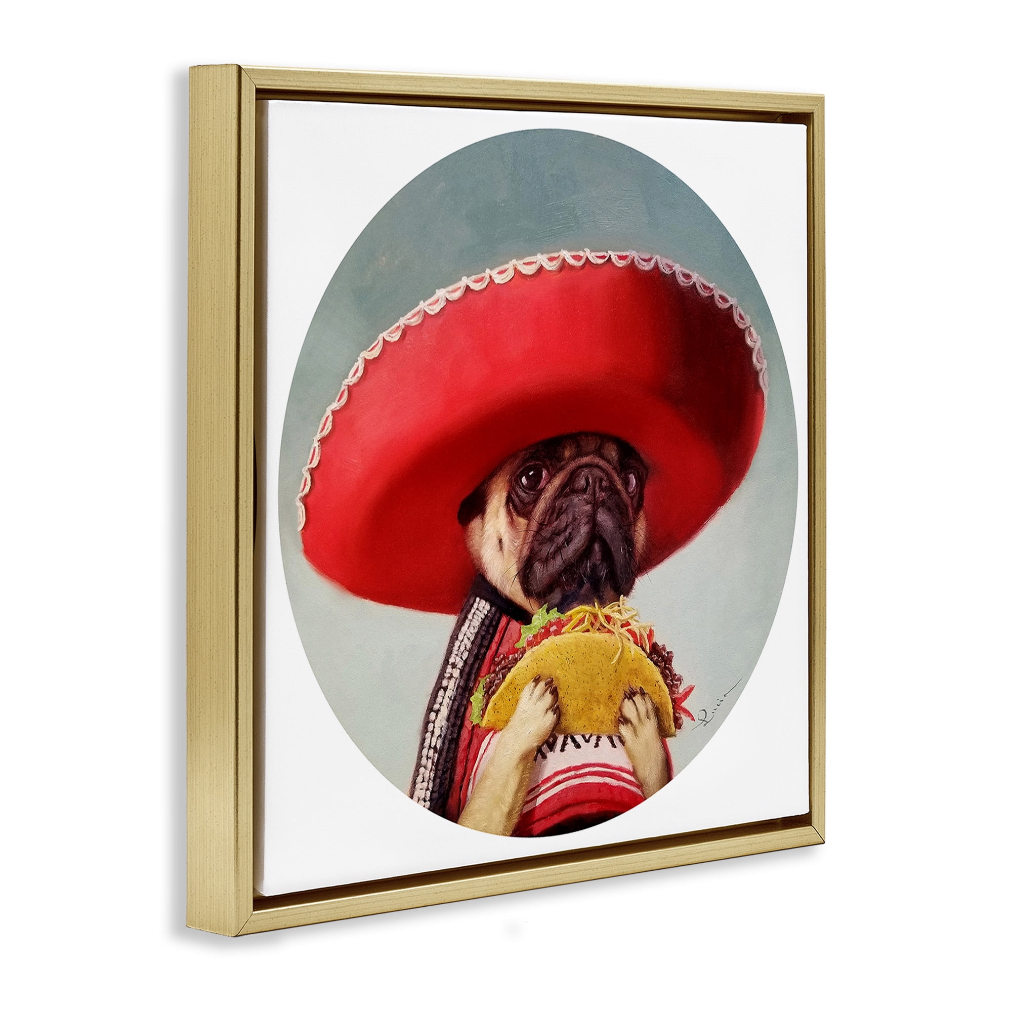 Stupell Industries Pug in Sombrero with Taco Animals & Insects Painting Gold Floater Framed Canvas Art Print Wall Art, 18 x 18
