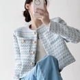 thumbnail image 4 of Fall Spring Women Jacket Retro Button Decoe Round Neck Single-breasted Chest Pockets Long Sleeves Loose Commuting Dating Coat, 4 of 7