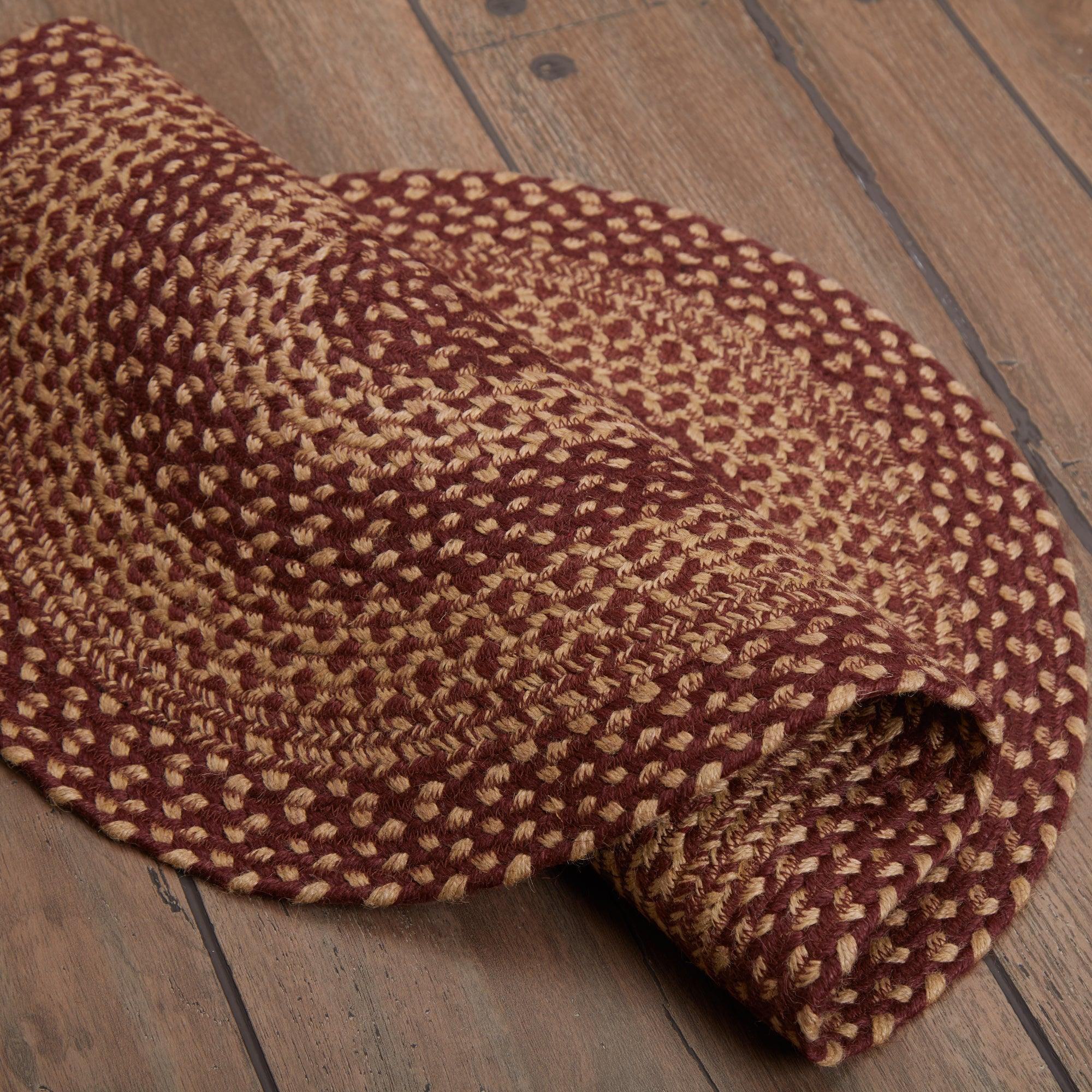 VHC Brands Burgundy Tan Primitive Country Jute Rug Oval, Detached Non-Skid Pad 36x60
