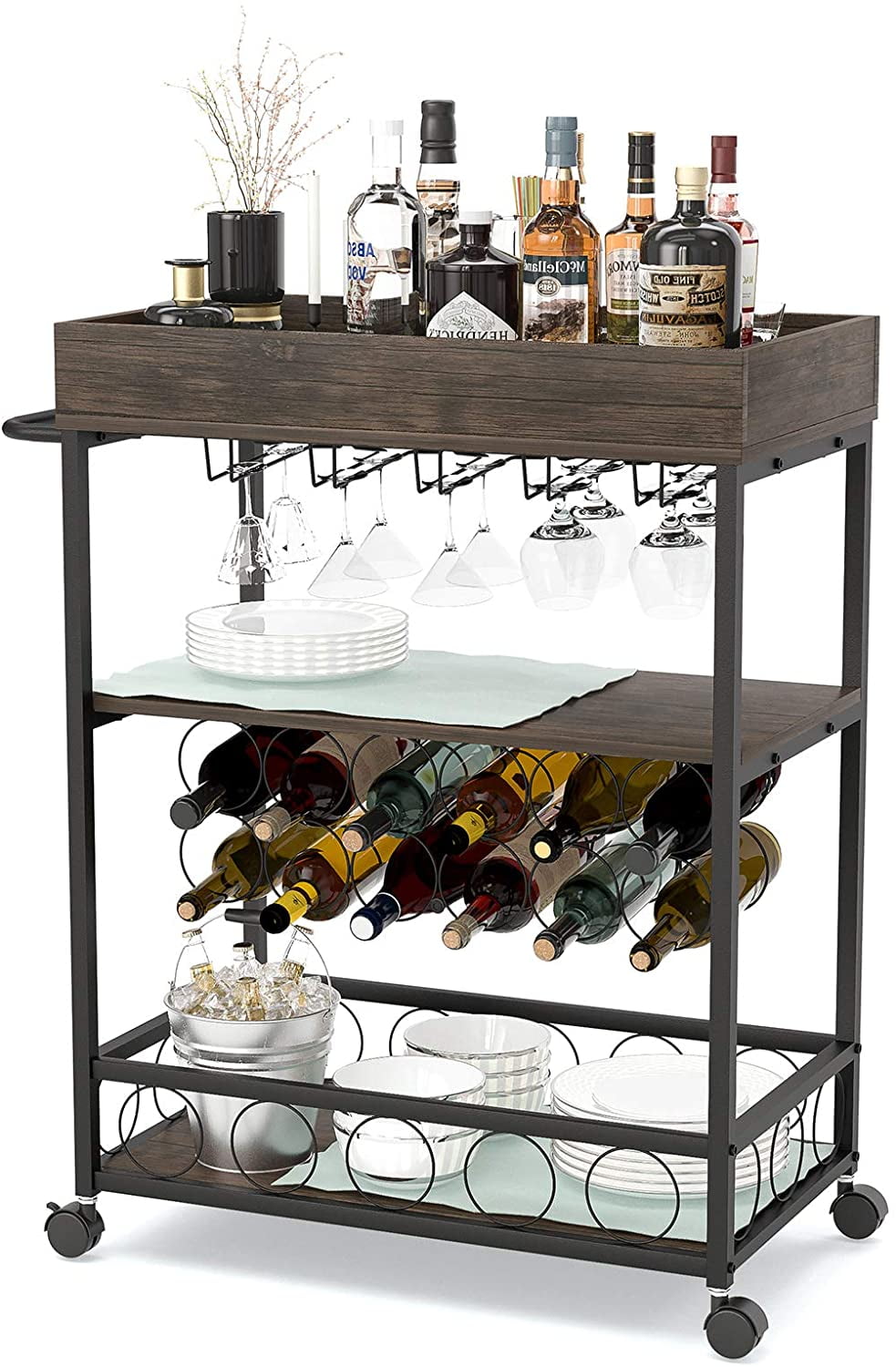 Mecor Bar Cart with Wine Rack, Industrial Kitchen Island Serving Cart