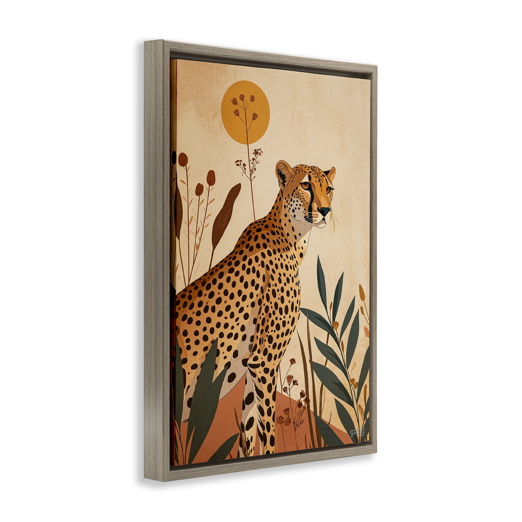 Stupell Industries Cheetah & Boho Plants Animals & Insects Painting Brown Floater Framed Canvas Art Print Wall Art, 17 x 25