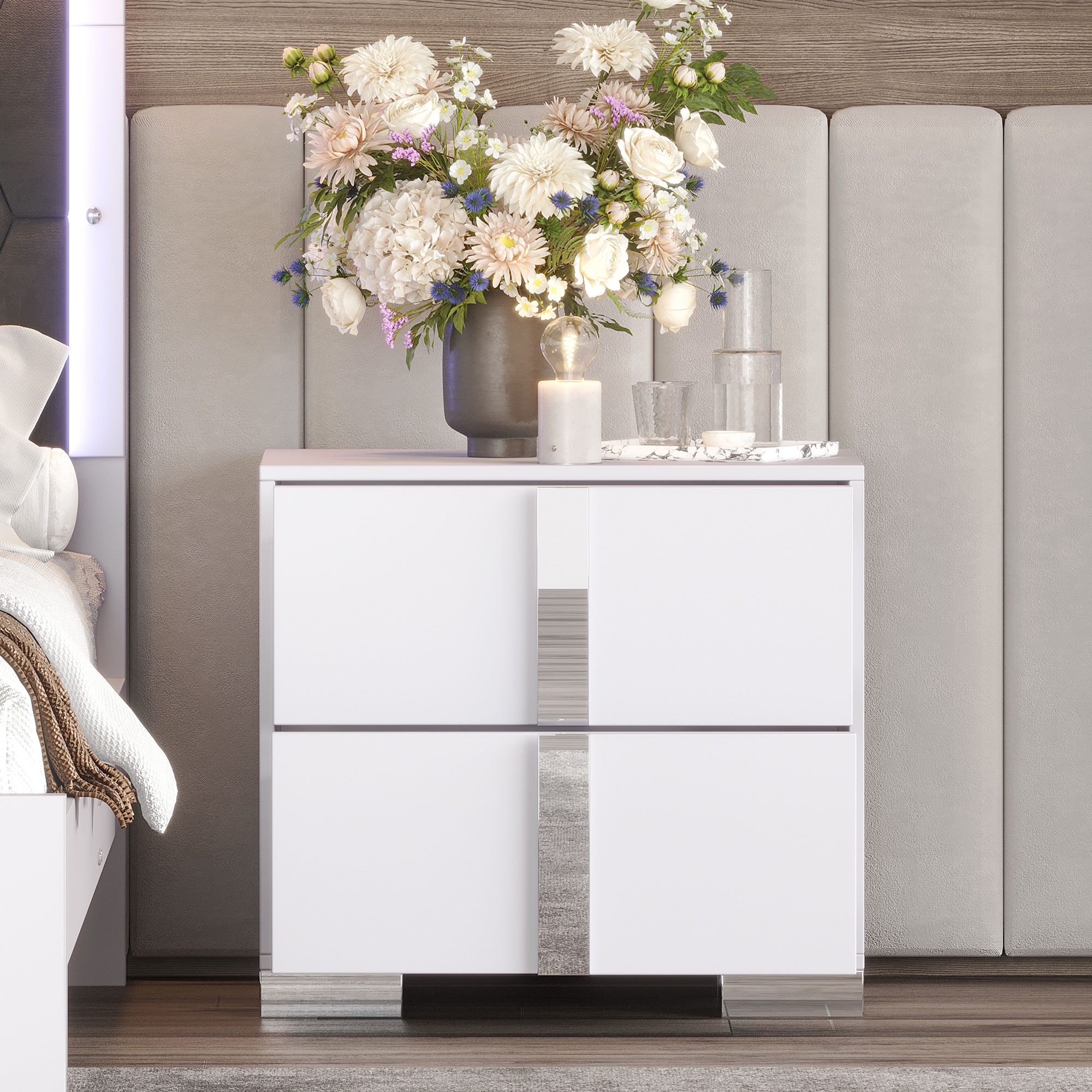 PORKISS Nightstand, Wood Side Table with 2 Drawers, Modern Mirrored Beside Table with Metal Handle for Bedroom, Living Room, White