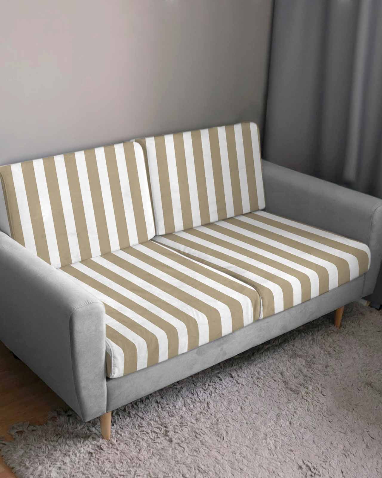 Beige Striped Couch Cushion Covers,Stretch Seat Cushion Covers for Sectional Sofa,Modern Farmhouse Beige White Stripes T-shaped Sofa&nbsp;Slipcovers Furniture Protector with Elastic&Straps 3Pcs,S