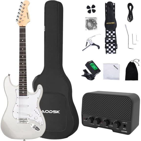 AODSK 39 Inch Full Size Electric Guitar Starter Kit, Solid Wood Body Electric Guitar with SSS Pickup, Amplifier, Digital Tuner, Strings, Picks, Tremolo Bar, Strap and Carry Bag for Beginners