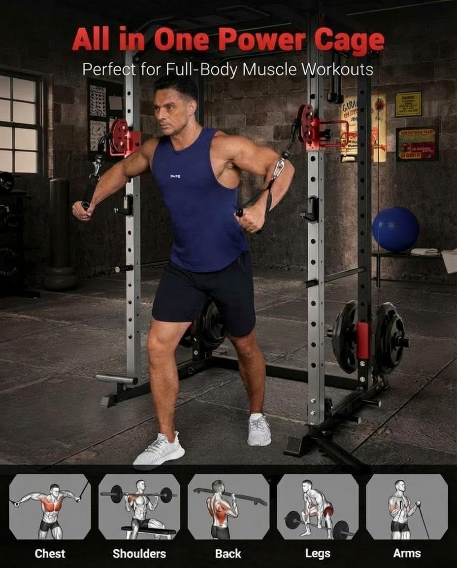 Memoryfield Multi-Functional Fitness Power Cage, 1200LBS Squat Rack with Dual Pulley for Complete Home Strength Workout, Red