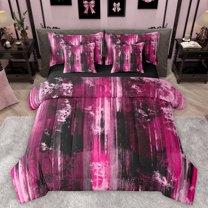 Homewish Black Pink Oil Printing Bedding Comforter Set 7 Pieces for Teens, Modern Stripes Abstract Full Bedding Set, Fashion Art Reversible Fitted Sheet Flat Sheet, Breathable Home Decor