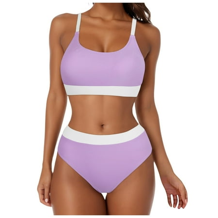 GEWSEY Women Bikini Sets High Waisted Bathing Suit - Sporty Two Piece Swimsuit Tummy Control Cheeky Modest Ribbed Neon Bikini Purple  XL