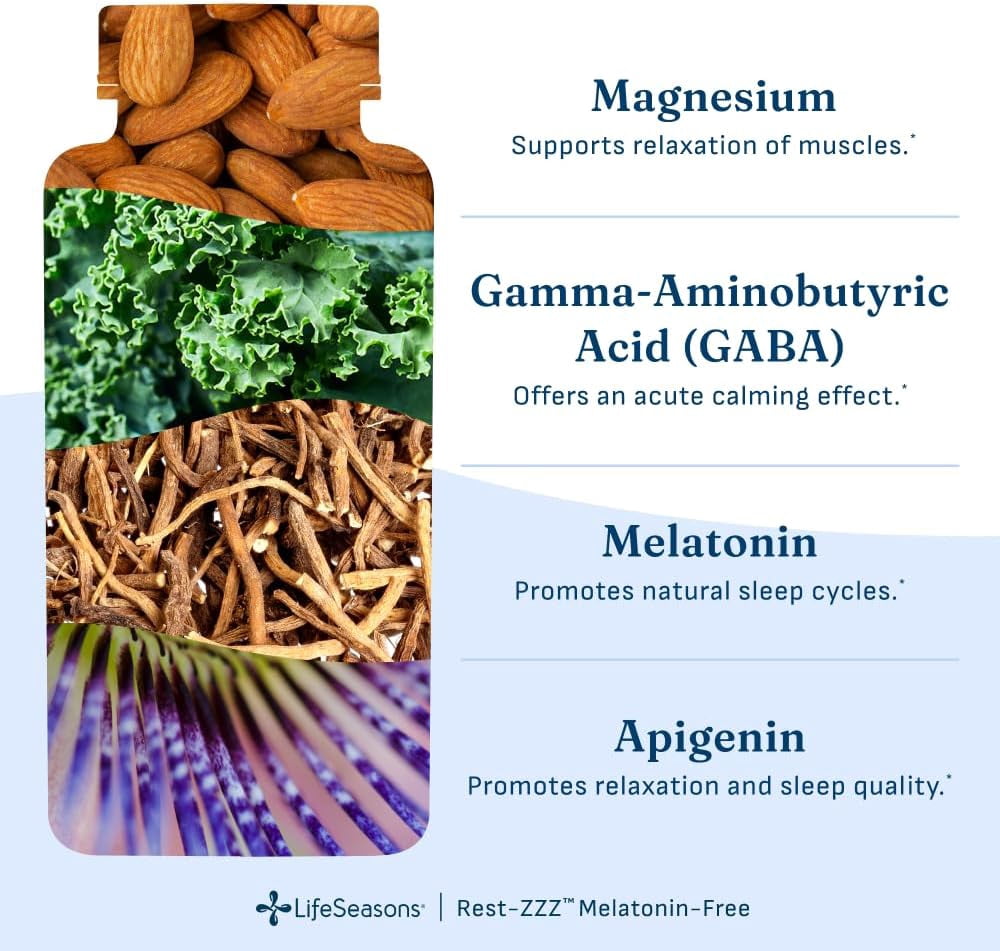 LifeSeasons Rest-ZZZ Melatonin Free - Sleep Support Supplement - Calms Nervous System - Eases Restlessness & Nerve-Related Sleeplessness - Magnesium GABA & Chamomile - 60 Capsules