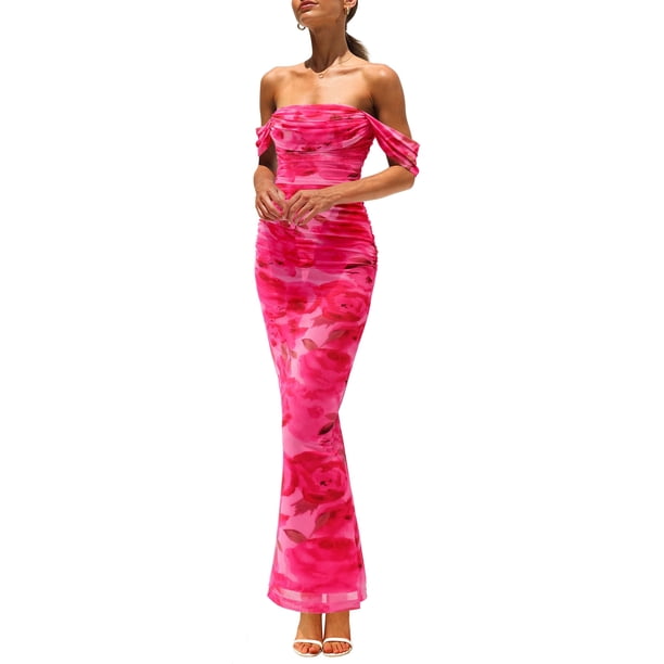 Vestido PRETTYGARDEN 2025 Verano Maxi Floral Hombros Descubiertos Rosa Talle S