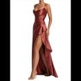 thumbnail image 3 of Vestido de Cóctel para Mujer, Ajustado, Informal, , con Escote en V, Sin Mangas, de Satén, con Volantes en el Bajo y Espalda Descubierta. Rojo Ladrillo S, 3 of 10