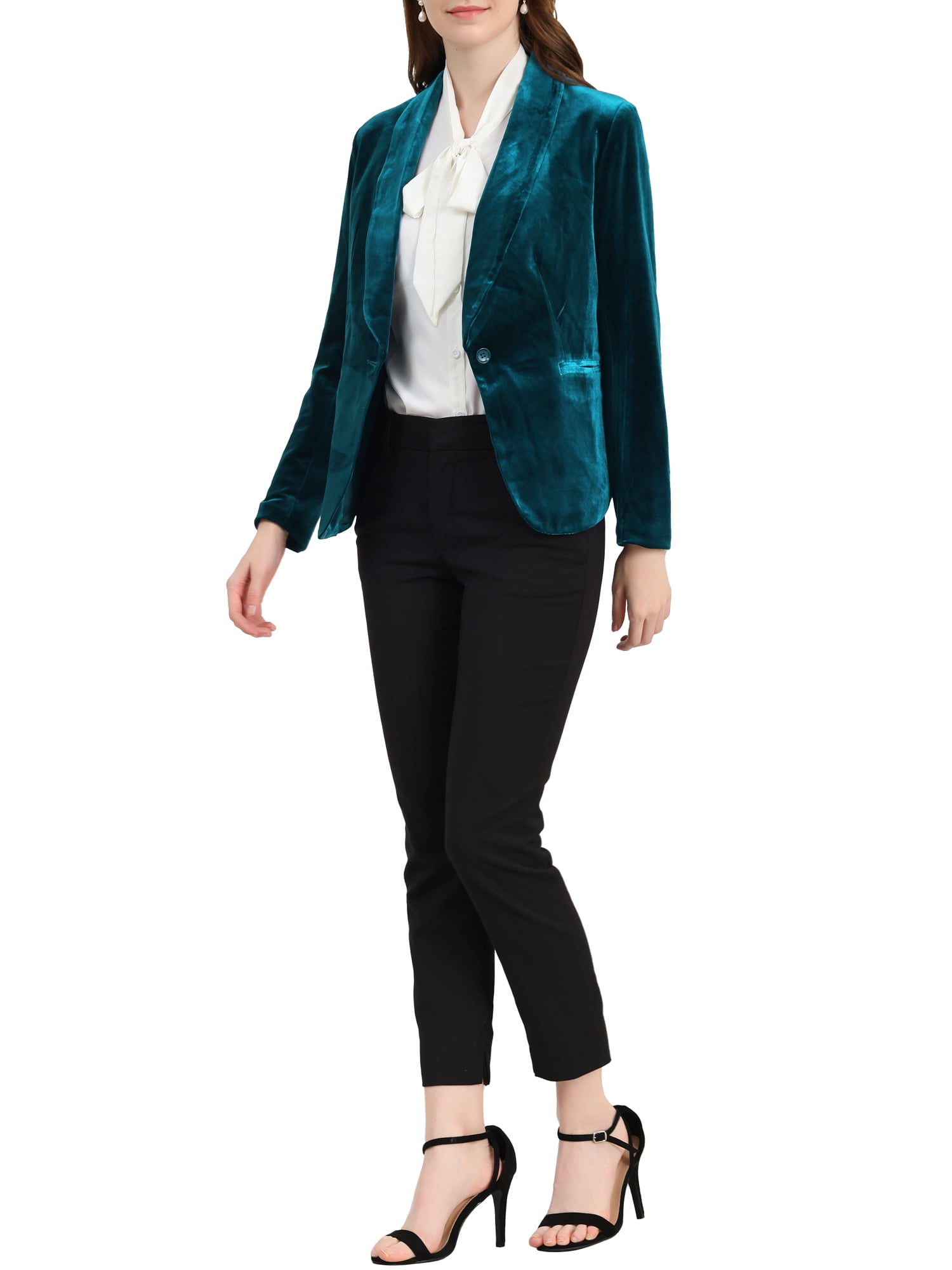 DARING DIVA Women's Velvet Office Coat Solid Shawl Collar Blazer XS Lake Blue