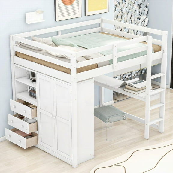 Full Size Wood Loft Bed in White Equipped with Wardrobe, Desk & Storage