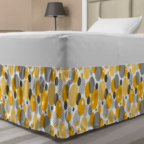 Grey Yellow Bed Skirt, Modern Contemporary Geometric Circles Graphic in Vivid Tones, Elastic Bedskirt Dust Ruffle Wrap Around for Bedding Decor, 4 Sizes, Earth Yellow Grey, by Ambesonne