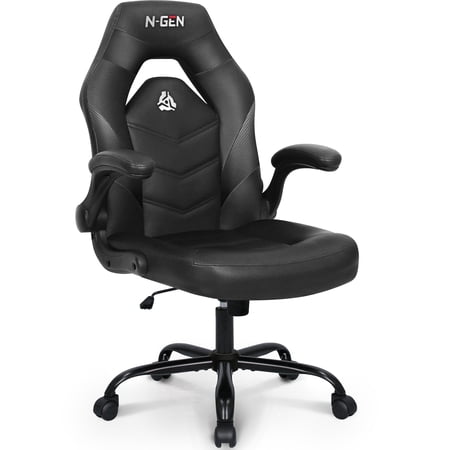 N-GEN GAMING Gaming Chair, Lumbar, PU Leather, Flip-Up Arms, Black
