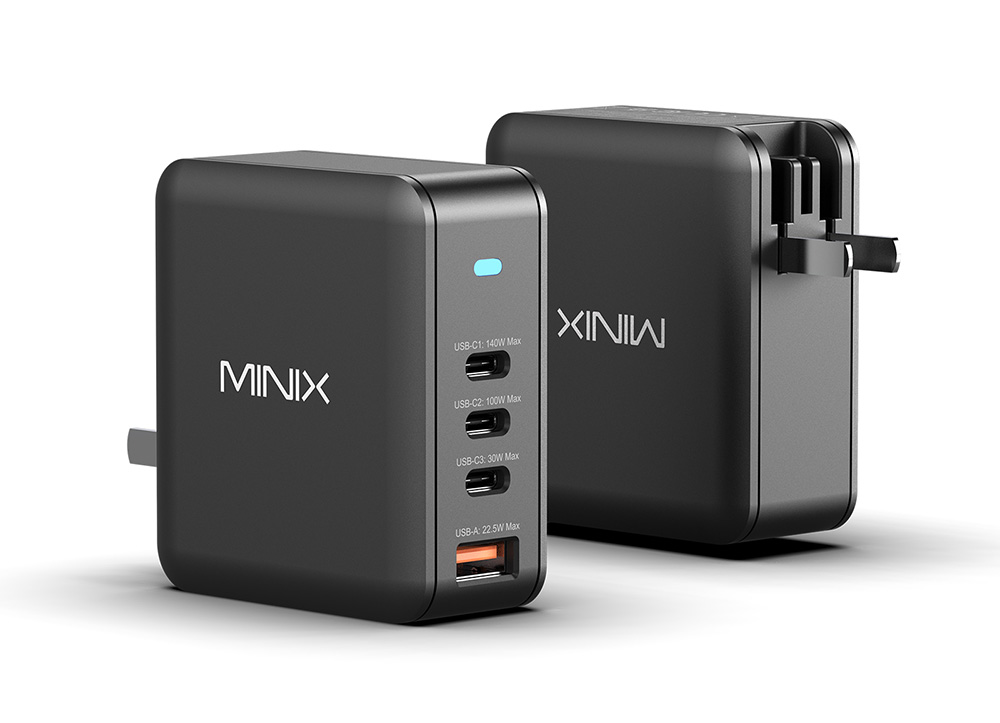 MINIX P165 GaN Wall Charger, 165W 4-Ports GaN Foldable Compact Fast Wall Charger Power Adapter with 3-USB-C/1-USB-A, US/EU/UK Plugs for Home Travel