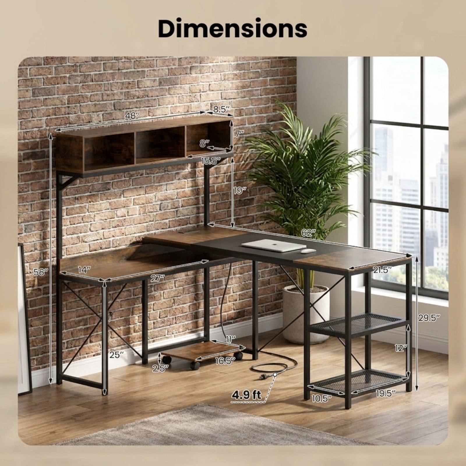 Furnibear L-Shaped Computer Desk with Power Outlets 62 Inches Corner with Storage Hutch Writing Workstation Home Office for Bedroom Study, Brown
