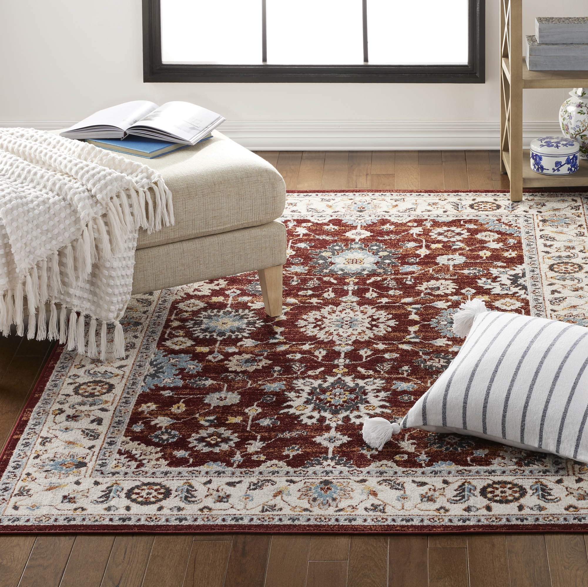 Everwash Treasure Lina Traditional Medallion Machine Washable Indoor Area Rug, Red/Ivory, 6'6"x9'2"