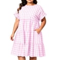 thumbnail image 2 of Guieoi Plus-Size Womens Dresses Plus Size Summer Checkered Pleated Short-Sleeve Round-Neck Casual A-Line Dress with Pockets Pink XXXXL, 2 of 9