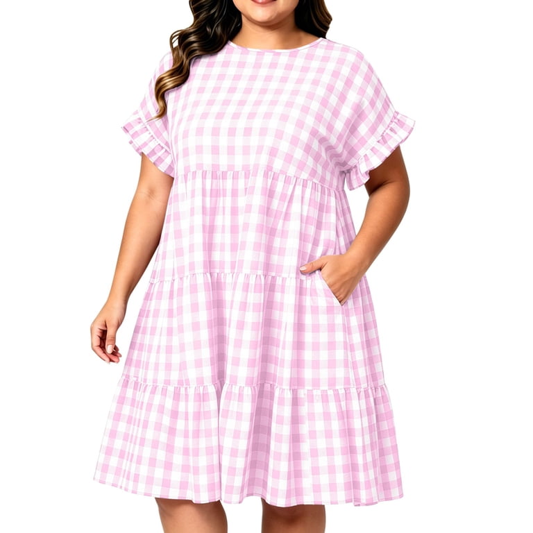pink plaid plus size dress Plus Size Plaid Midi Dress For Women, Tiered Ruffle Short Sleeve Summer  Sundress With Pockets, Casual Boho Beach Dress, Loose Fit Plus Size  Clothing Pink L