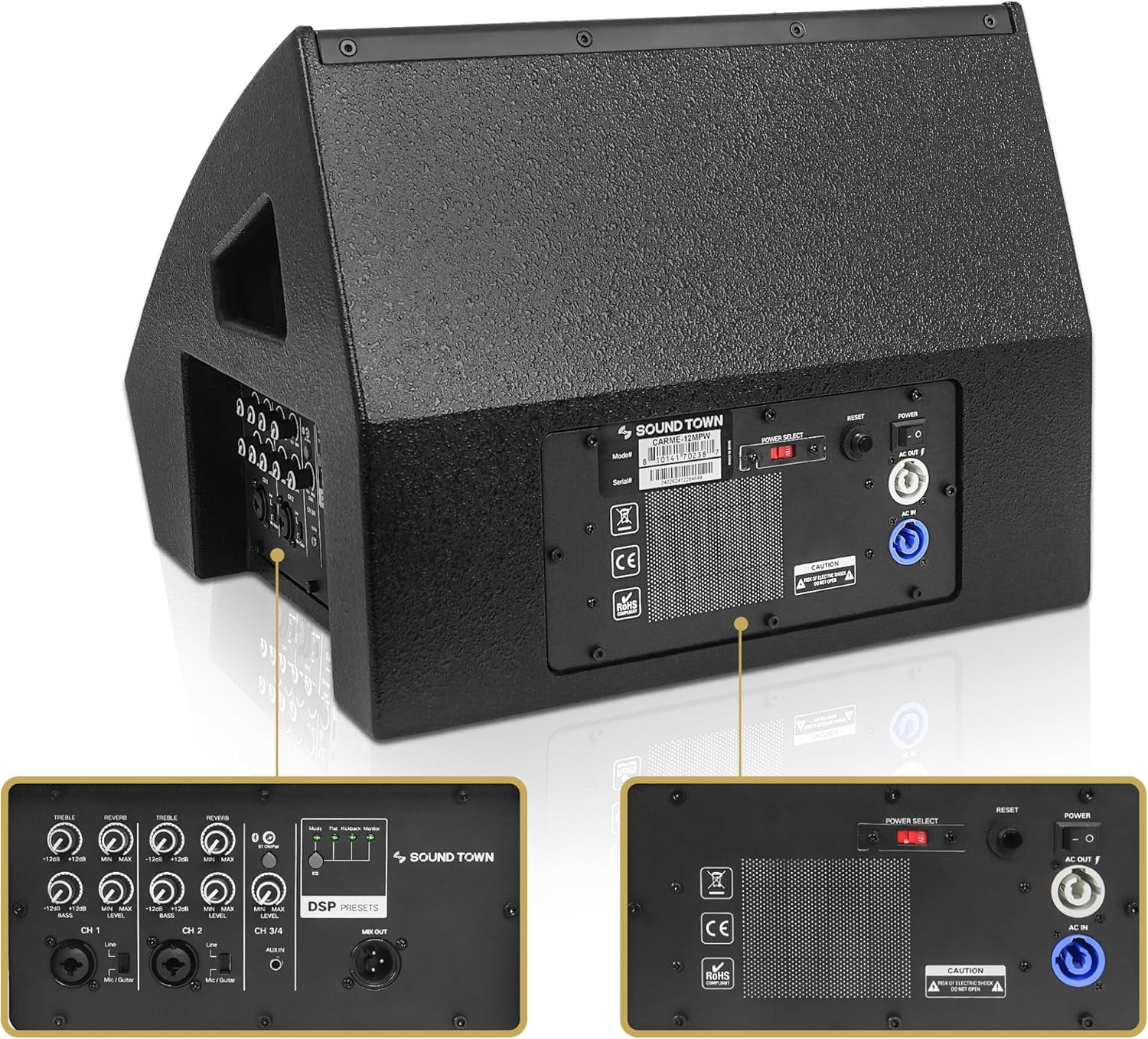 Sound Town CARME Series 12" Multipurpose Powered Loudspeaker, with Coaxial Compression Driver, Class D amp., DSP, Birch Plywood for Live Sound, Karaoke, Bar, Church, Black (CARME-12MPW)