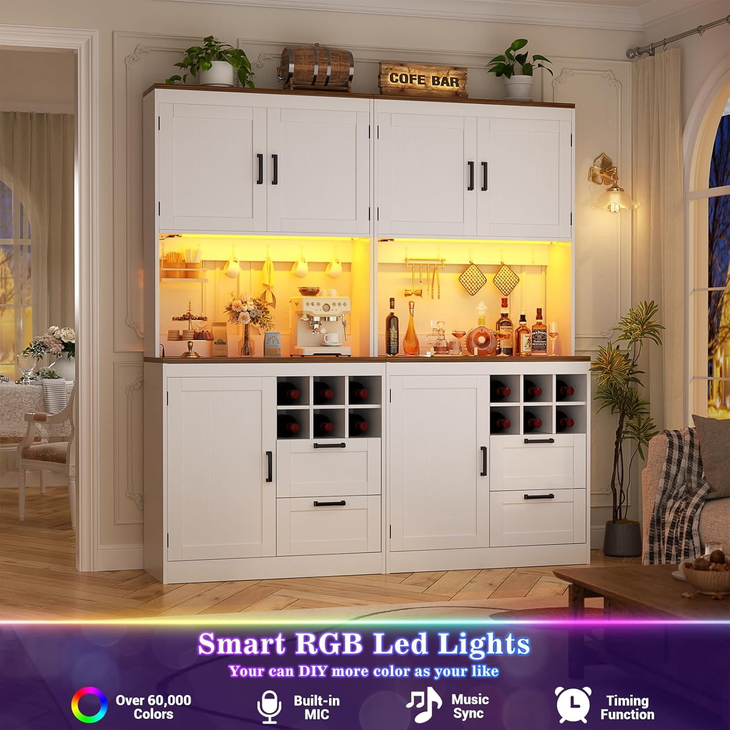 Homieasy 72'' Tall Pantry Cabinet with Outlet & LED Light, 63'' Wide Kitchen Hutch Bar with Microwave Stand, Drawers, Wine Rack & Shelves, Cupboard for Dining Room, White & Walnut