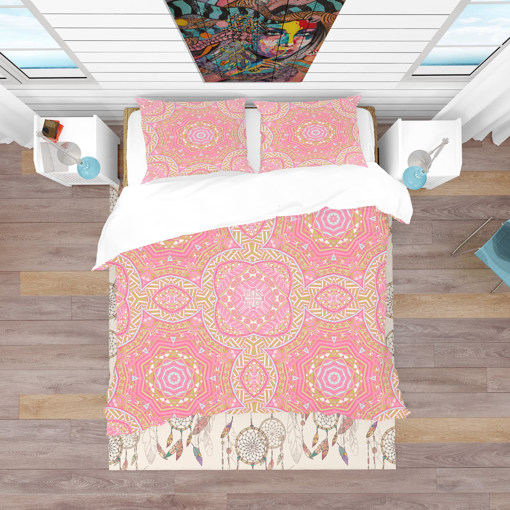 Designart 'Pink and Green Star Mandala' Bohemian & Eclectic Duvet Cover Set