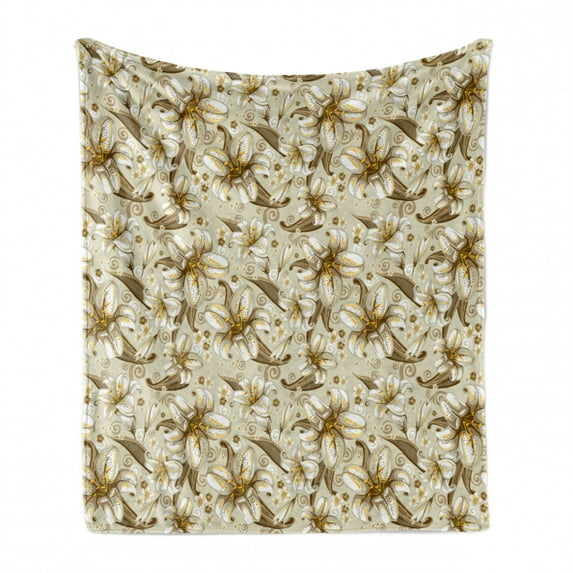 Beige Soft Flannel Fleece Blanket, Wild Distressed Lilies Floral Background Blooming Petals Bouquet Nature Theme, Cozy Plush for Indoor and Outdoor Use, 50" x 60", White Yellow Beige, by Ambesonne