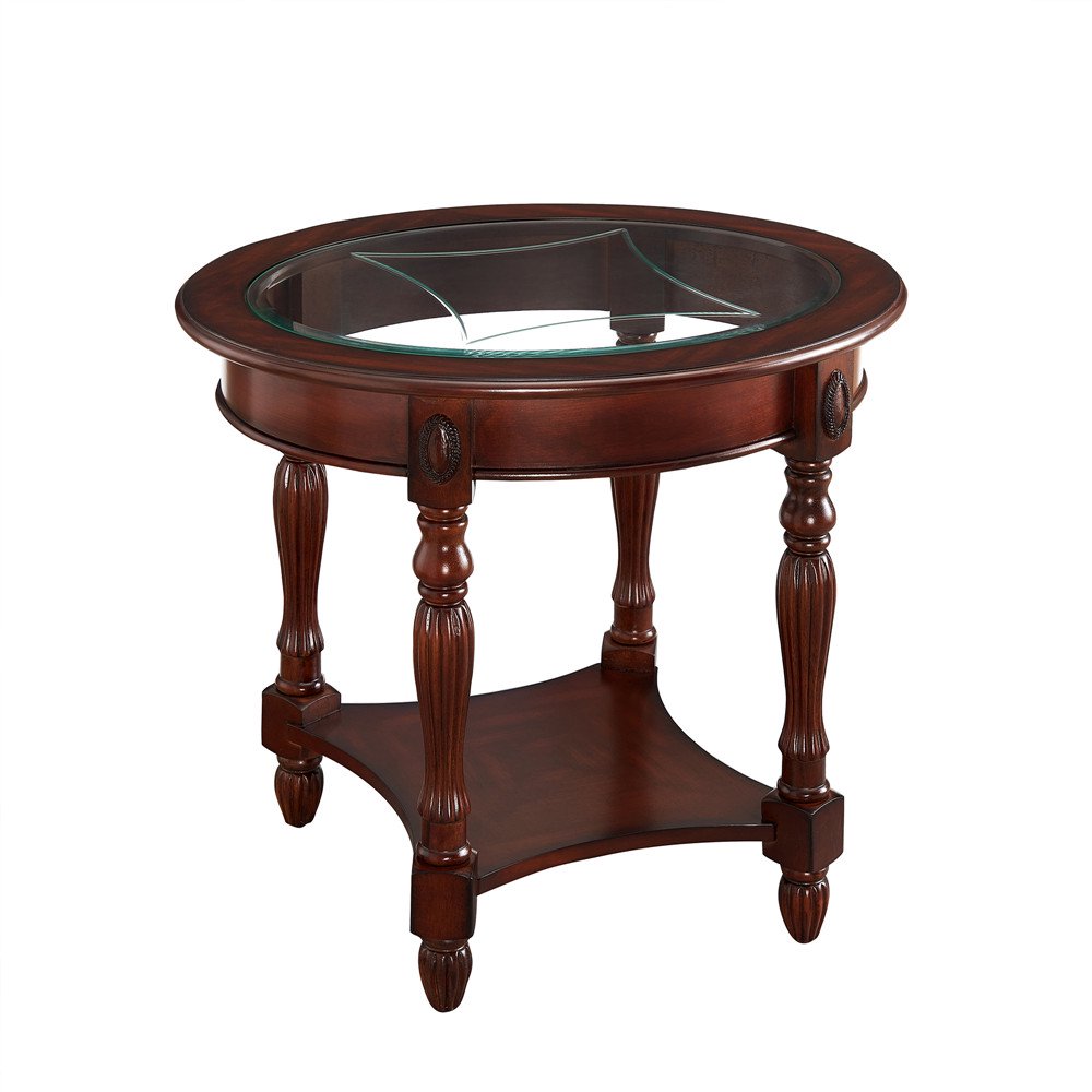 Accent Antique Style End Table Tempered Glass Solid Wood Cocktail Table with Bottom Shelf Oval
