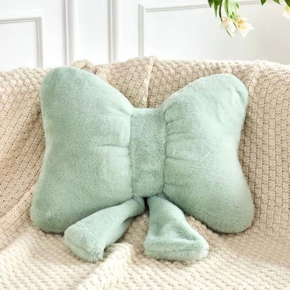 Sage Green Bow Pillow, Soft Bow Decorative Pillows with Faux Rabbit Fur, Cute 16" Bow Throw Pillows, Aesthetic Home Decor Bow Shaped Plush Pillow for Bedroom Sofa Couch