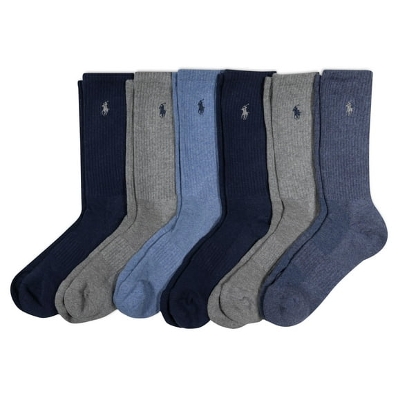 Polo Ralph Lauren Men's Athletic Performance Cotton Crew Socks-6 Pair Pack-Breathable Mesh & Sport Moisture Wicking, Denim, 6-12.5