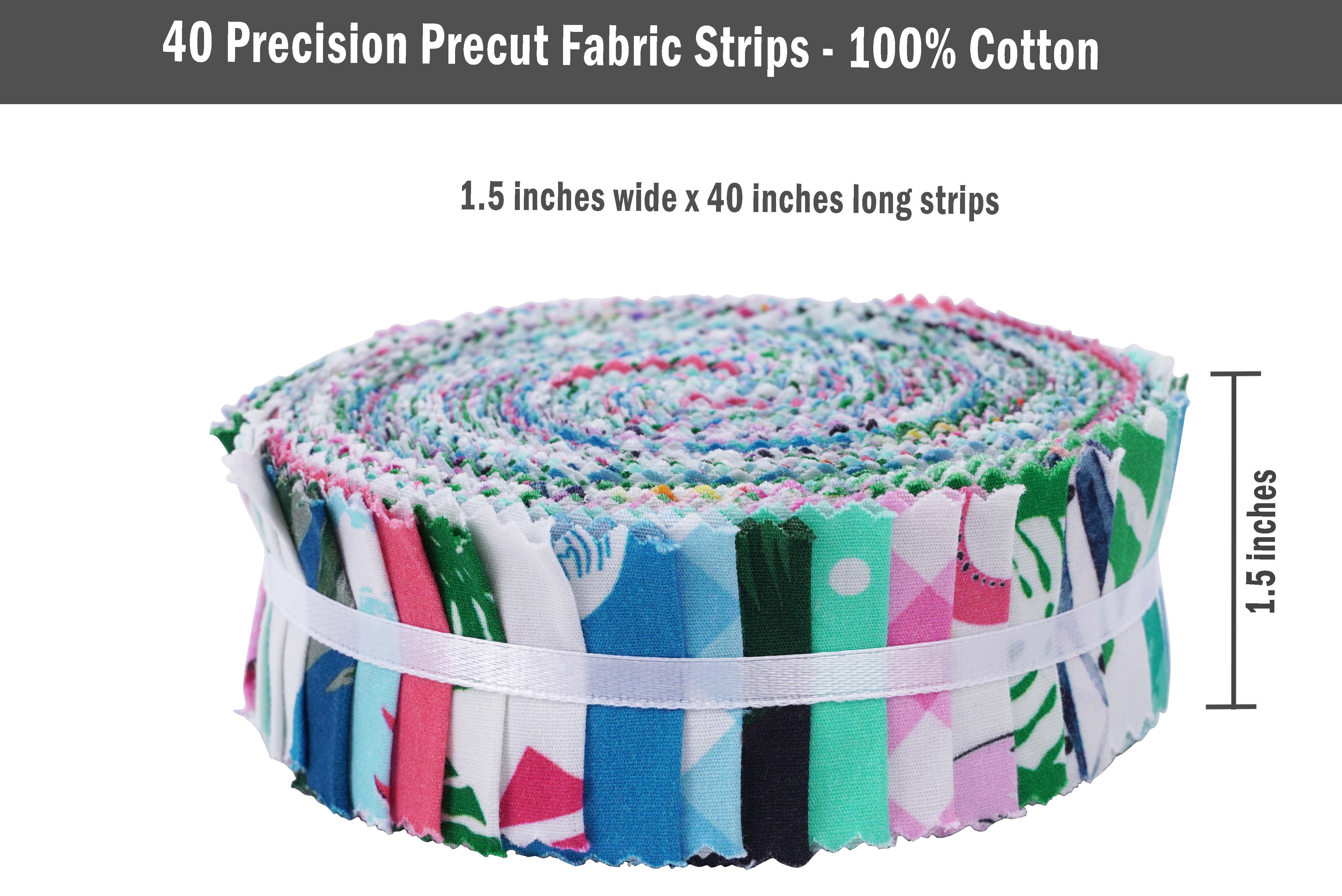 Soimoi 40Pcs Tropical Theme Flamingo Print Precut Fabrics Strips Roll Up 1.5x42inches Cotton Jelly Rolls For Quilting - Pink, Blue & Green