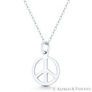 Peace Sign Cutout Hippie Charm 19x13mm Pendant & Chain Necklace in .925 Sterling Silver