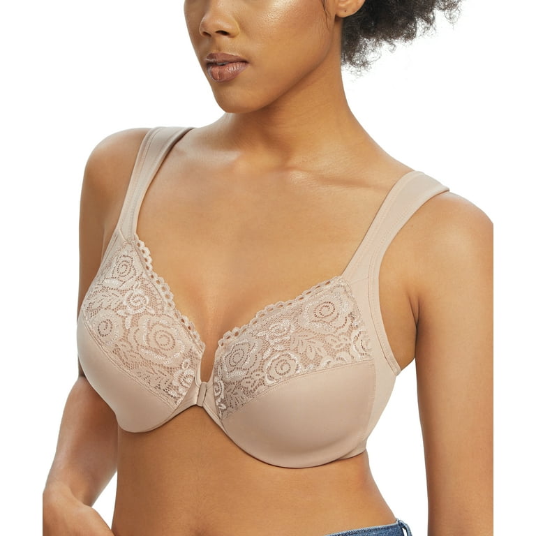 Exclare Everyday Bra Women's Plus Size Front Closure U-Back Underwire Wide  Strap(Beige,34G)