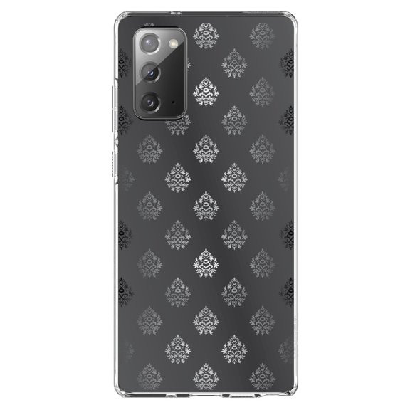 DistinctInk Clear Shockproof Hybrid Case for Samsung Galaxy Note 20 (6.7" Screen) - TPU Bumper, Acrylic Back, Tempered Glass Screen Protector - Silver Grey Black White Damask - Floral Damask Pattern