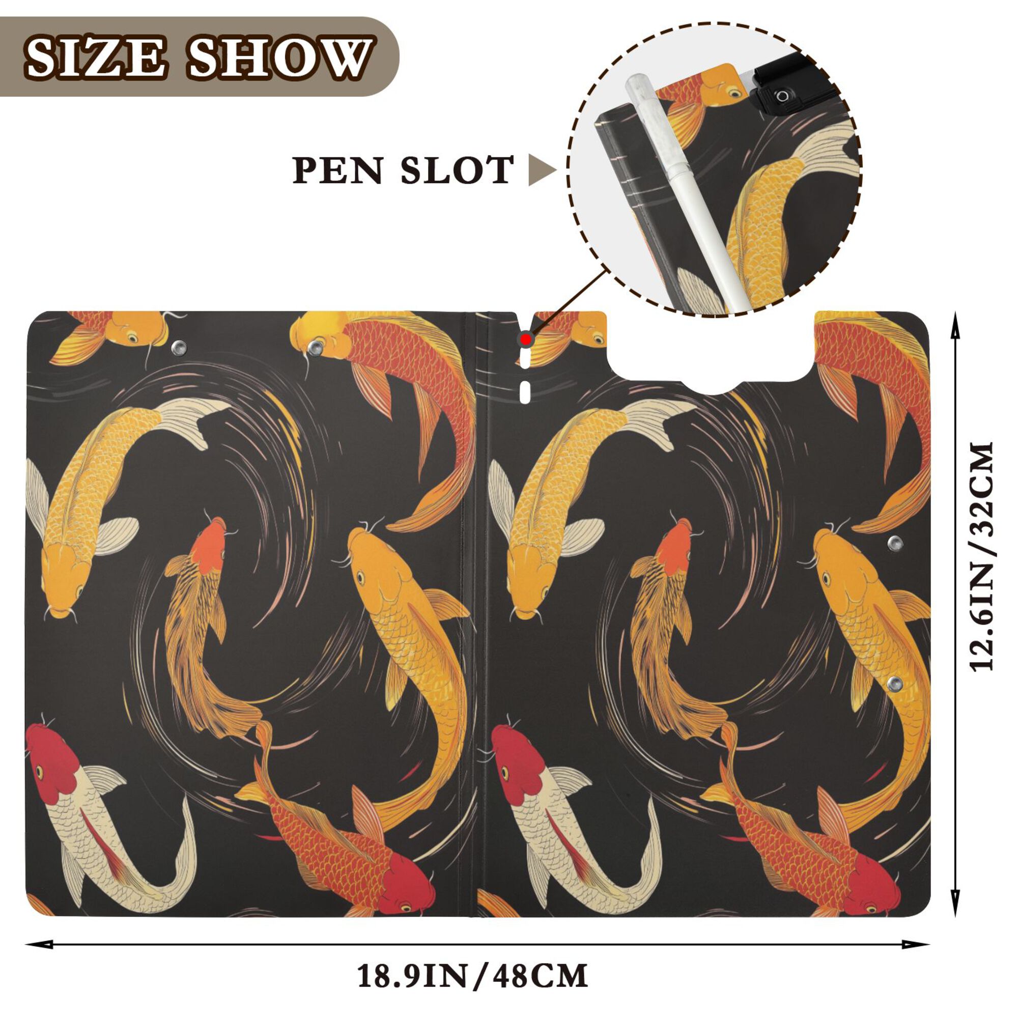 FORMRS A4 Clipboard Folder with Pen Holder Horizontal Foldable School Office Binder, Black Fish Pattern
