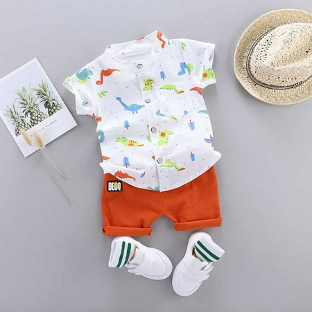 

PatPat 2pcs Baby Boys Dinosaur Short Sleeve Summer Outfits Set Lapel Button up T-Shirt Tops Elastic Waistband Shorts Set Toddler Clothes Set Beachwear 0-3T