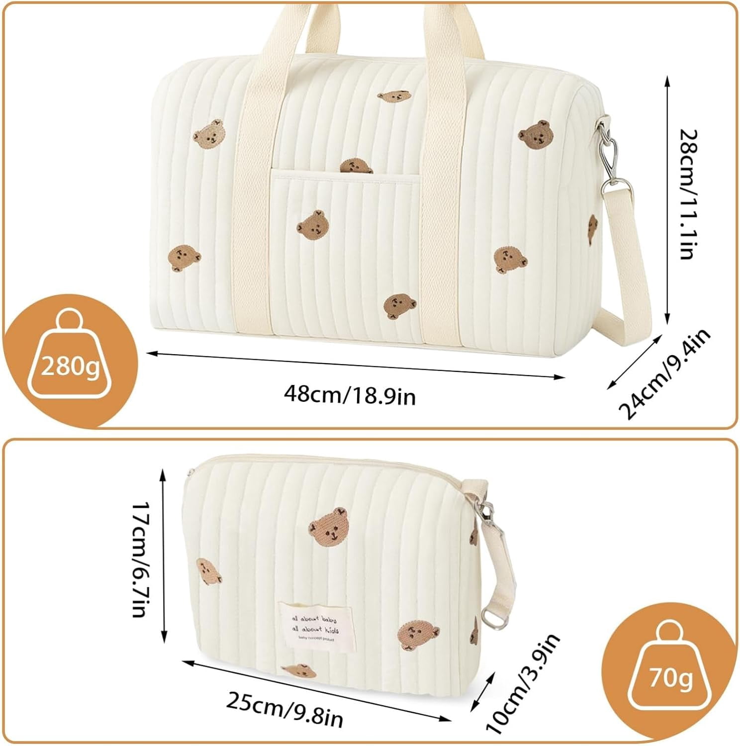 2 Pcs Diaper Bag Tote Stroller Set, Maternity Hospital Bag for Labor & Delivery, Large Women’s Travel Duffel, Quilted Duffle, Cotton Diaper Tote